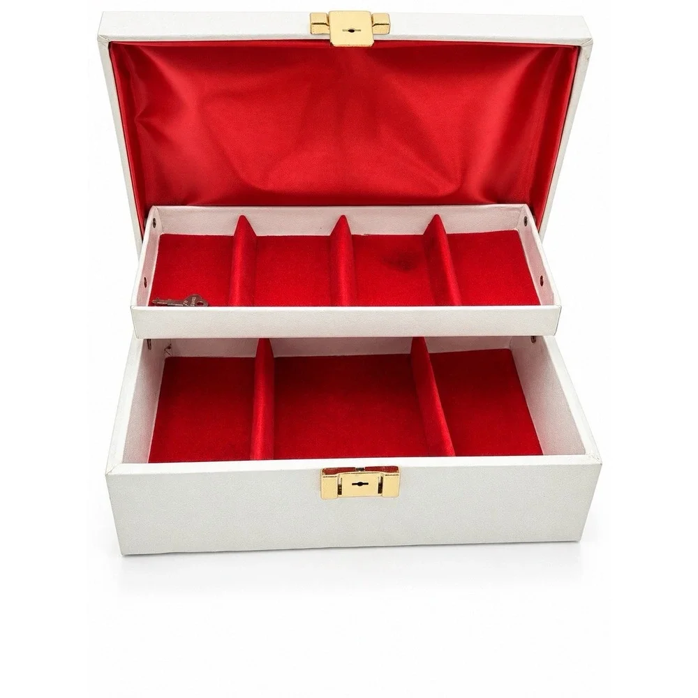 Vintage Buxton Jewelry Box w Key Ivory Red Velvet 2 Tier MCM USA Vanity